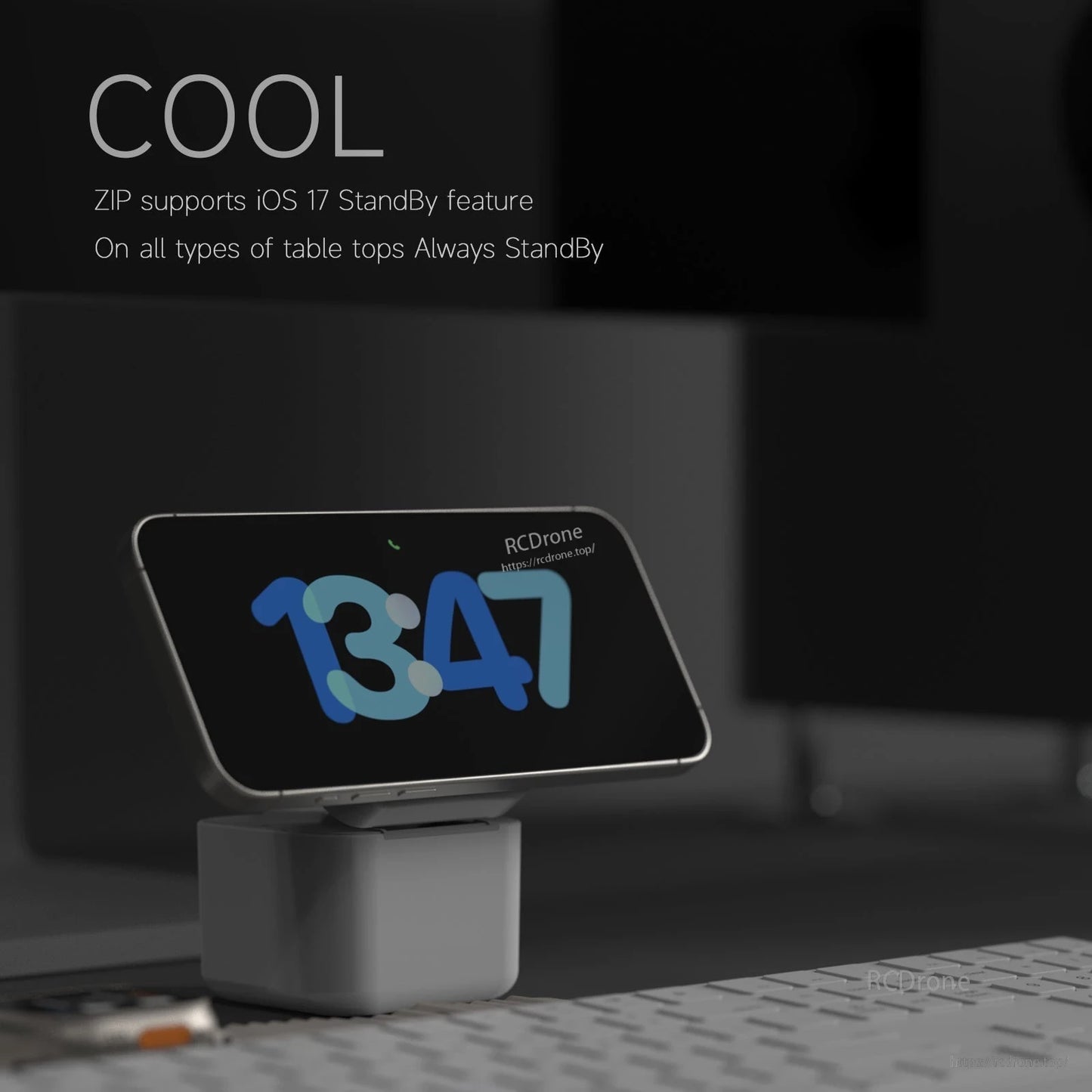 ISDT ZIP MagSafe charger stand with iPhone in landscape StandBy mode on a desk