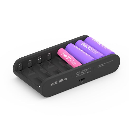 ISTD A8 Air Battery Charger, ISDT A8 Air smart battery charger with eight slots, USB-C input (5–9V), and cells charging in the right bays