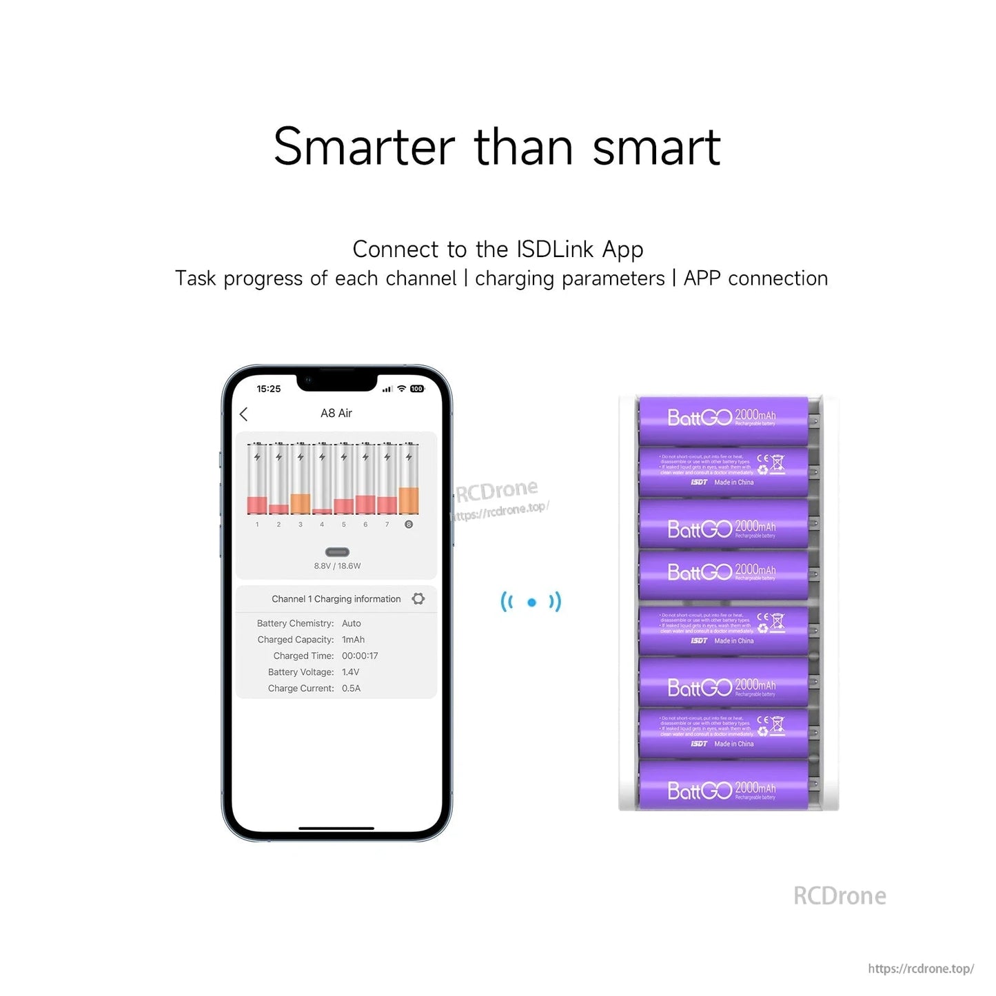 ISTD A8 Air battery charger with eight slots beside a phone running the ISDLink app for channel monitoring