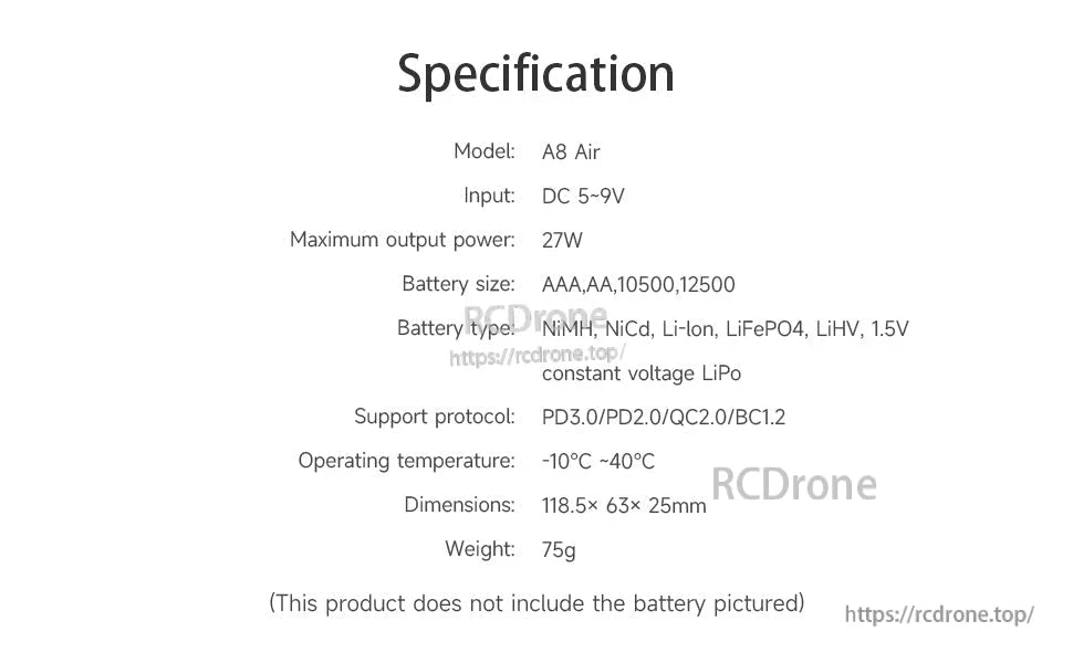 ISTD A8 Air battery charger spec sheet with DC 5–9V input, 27W max output, and 118.5×63×25mm size.