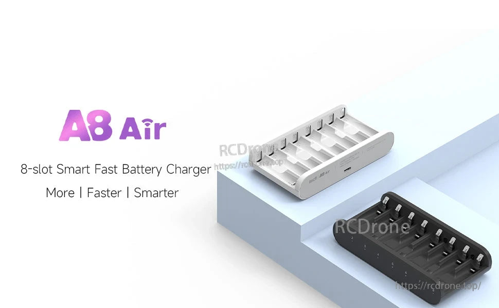 ISTD A8 Air Battery Charger, ISTD A8 Air 8-slot smart fast battery charger, shown in white and black versions with eight charging bays