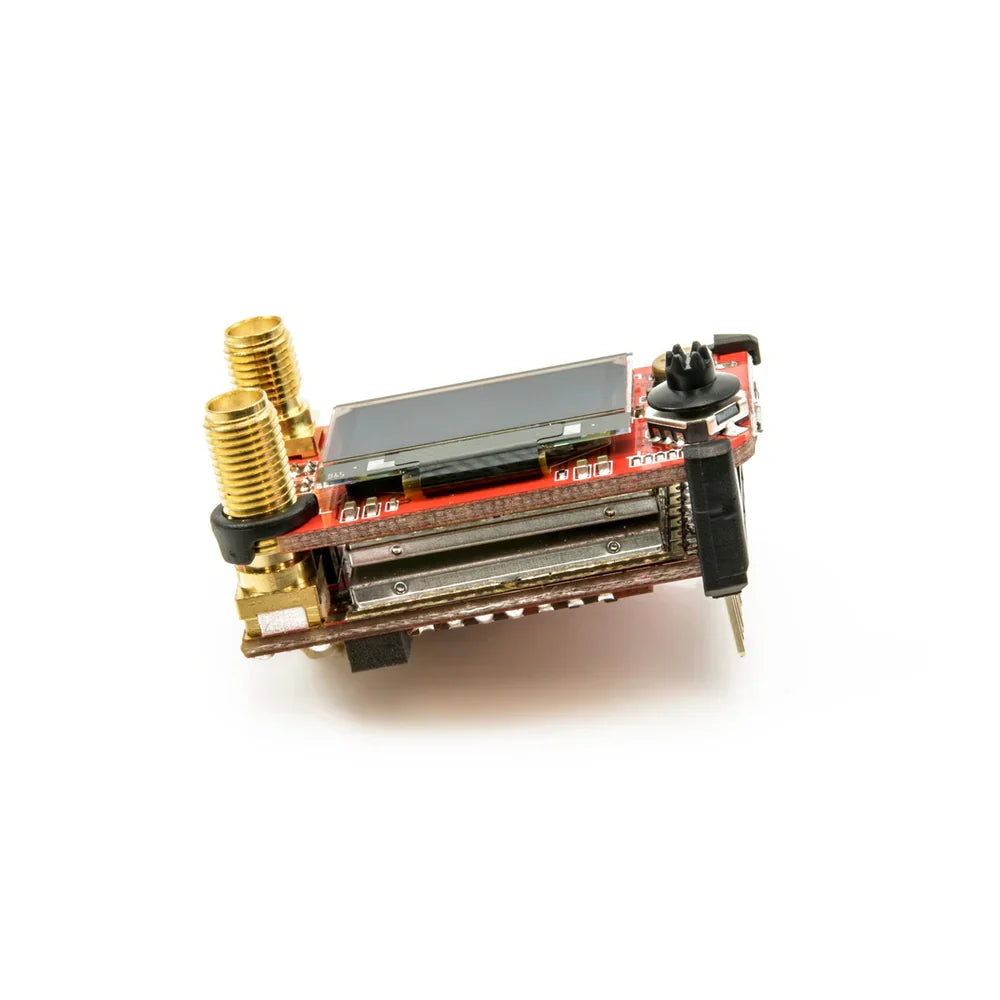rapidFIRE receiver module side profile showing stacked PCB design, dual SMA connectors, and control joystick