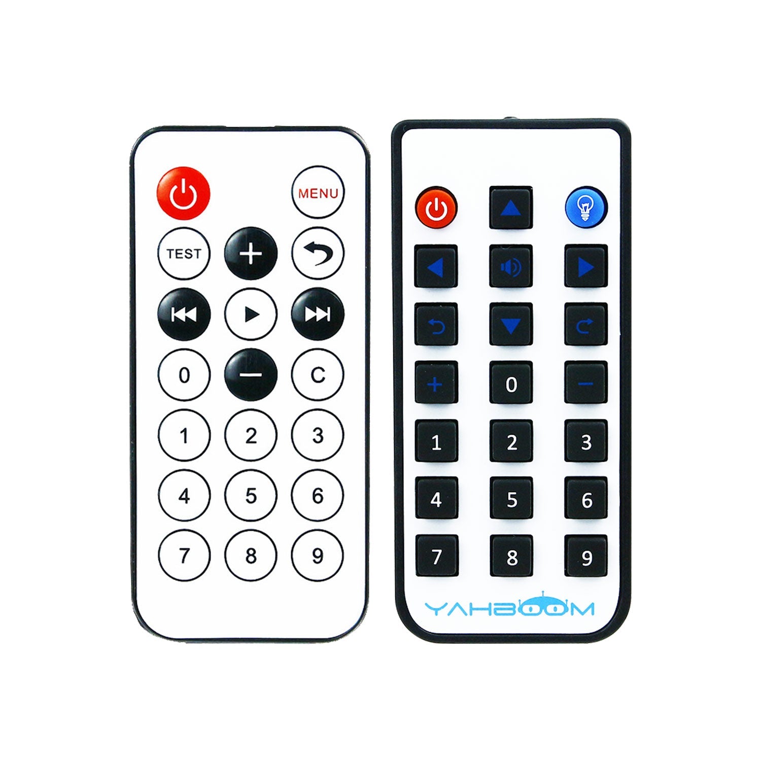 Two Yahboom infrared remote controllers with power, menu, navigation, and numeric keypad buttons