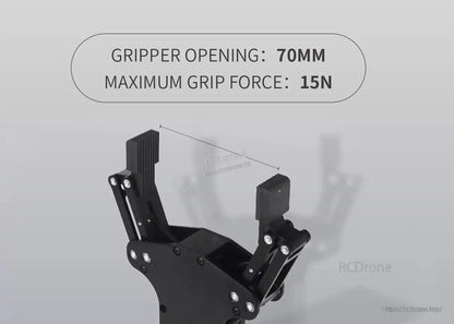 Lightweight electric gripper with 70mm opening, 15N max force, RS485 control, and self-locking feature for robotics.