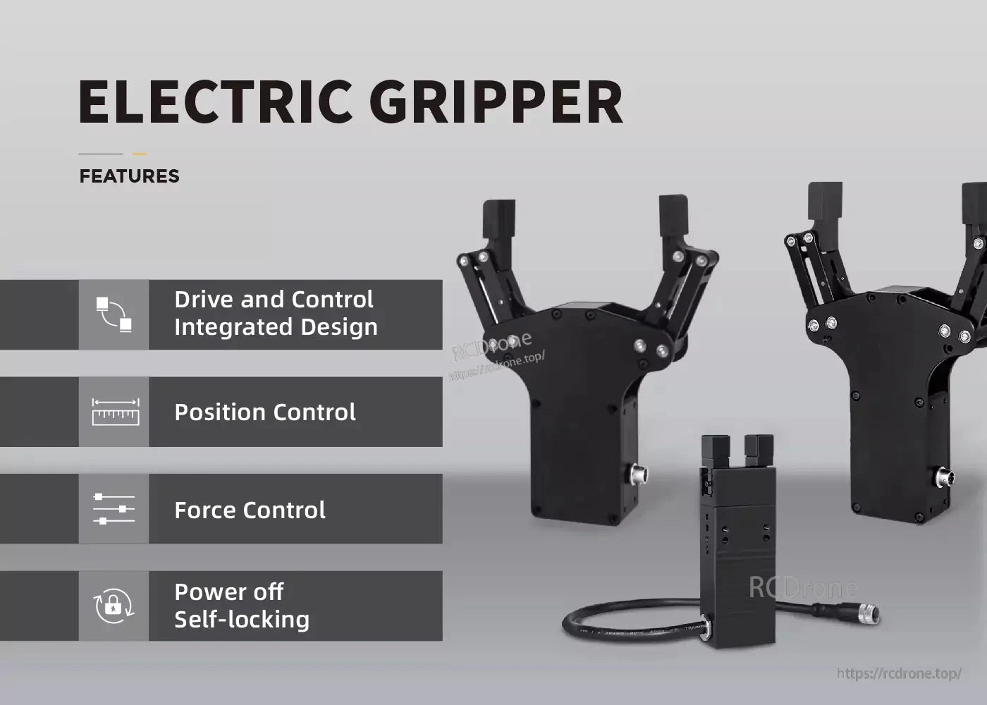 Electric gripper with integrated drive, position and force control, self-locking on power off.