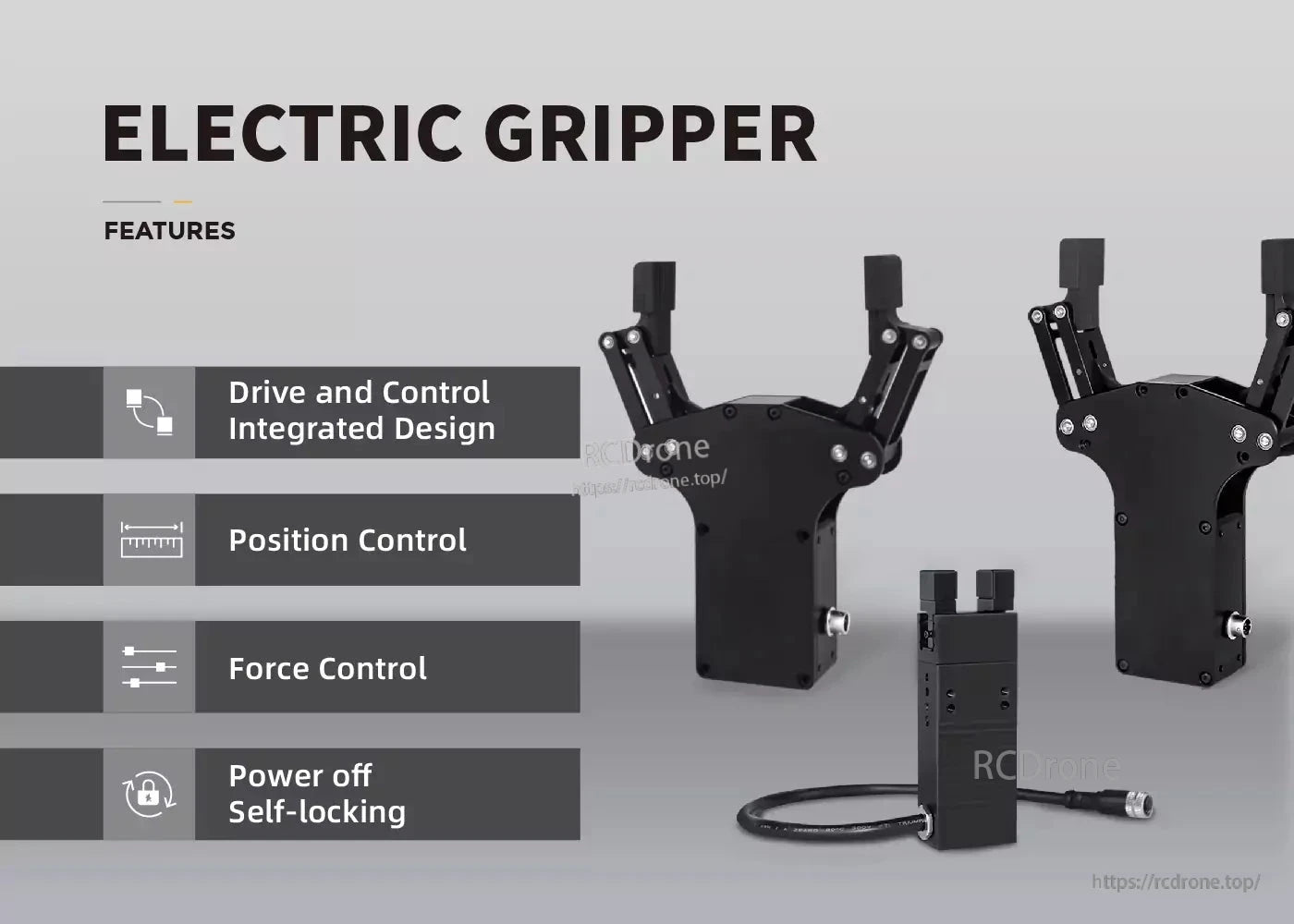 Electric gripper with integrated drive, position and force control, self-locking on power off.