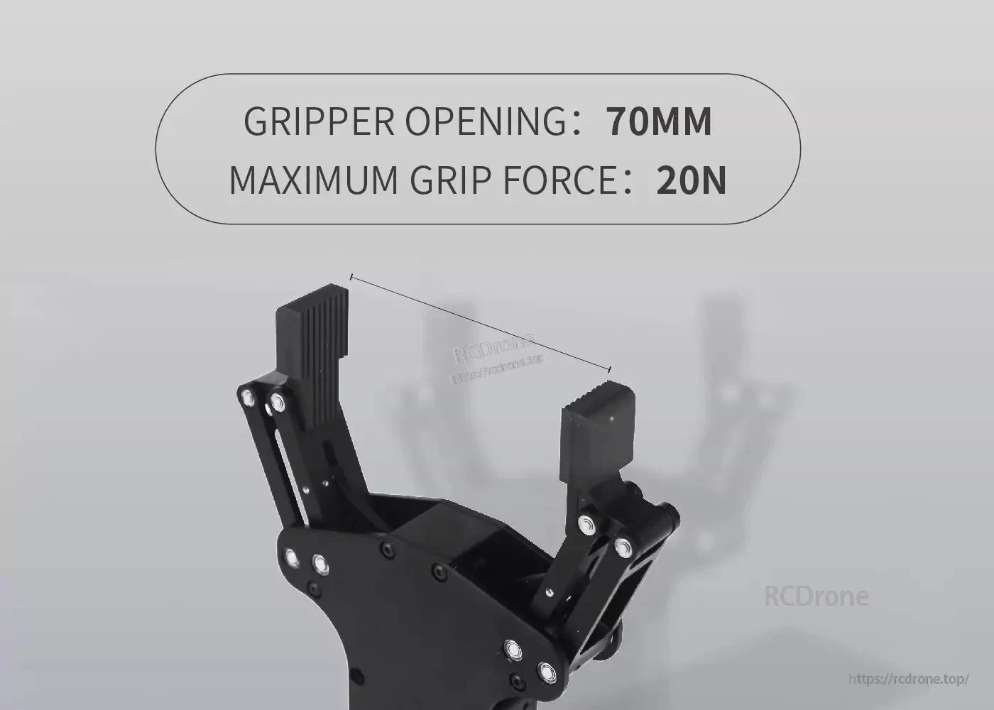 Electric gripper with 70mm opening, 20N force, RS485 control, and self-locking mechanism for robotics.