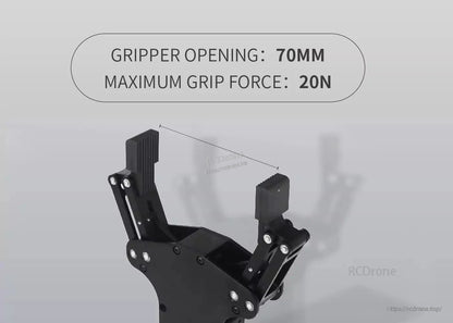 Electric gripper with 70mm opening, 20N force, RS485 control, and self-locking mechanism for robotics.