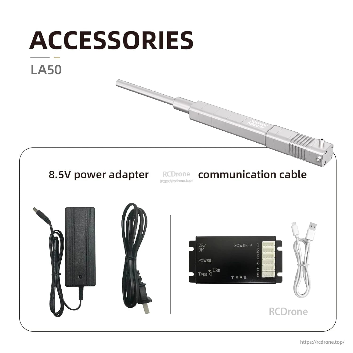 The LA50 micro linear servo actuator offers precise control with 50mm stroke, 50N force, ±0.1mm accuracy, and includes an 8.5V adapter and communication cable.