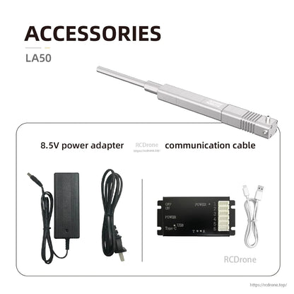 The LA50 micro linear servo actuator offers precise control with 50mm stroke, 50N force, ±0.1mm accuracy, and includes an 8.5V adapter and communication cable.