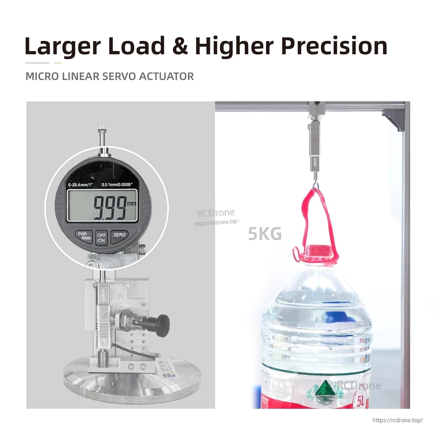 Micro linear servo actuator supports 5KG load, features digital 9.99mm display, 0-25.4mm range, 0.01mm precision, with inch/mm, on/off, and zero buttons.