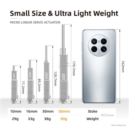 Ultra-light micro linear servo actuator: 50mm stroke, 50g weight, 170.7mm length, ±0.1mm accuracy, 50N force, compact, with force control sensor.