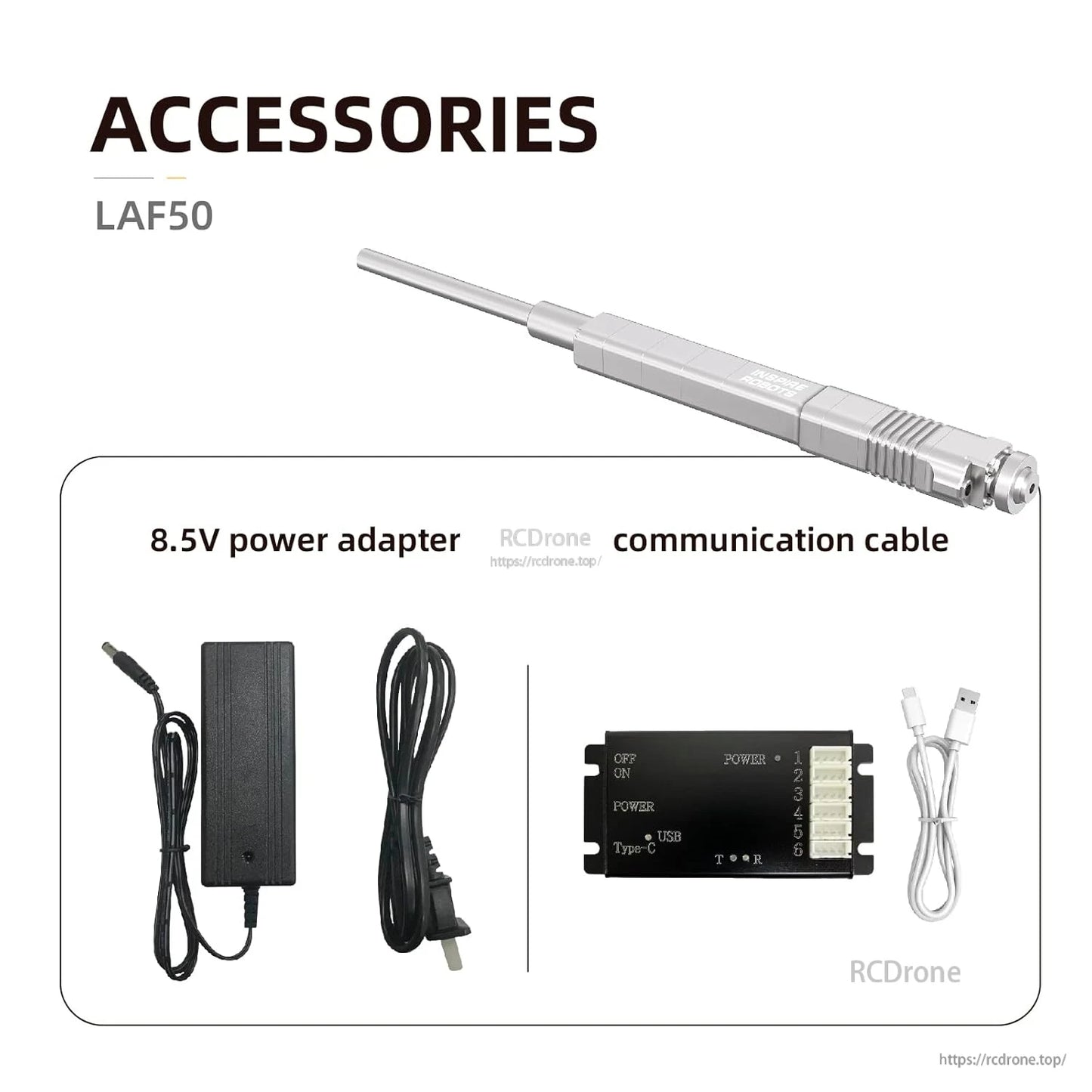 LAF50 accessories: 8.5V power adapter, USB Type-C communication cable, power switch, and six-pin interface.