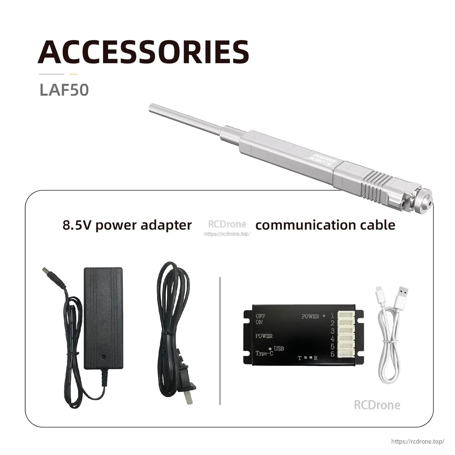 LAF50 accessories: 8.5V power adapter, USB Type-C communication cable, power switch, and six-pin interface.