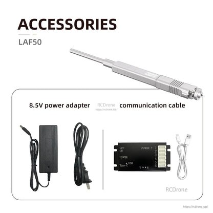 LAF50 accessories: 8.5V power adapter, USB Type-C communication cable, power switch, and six-pin interface.