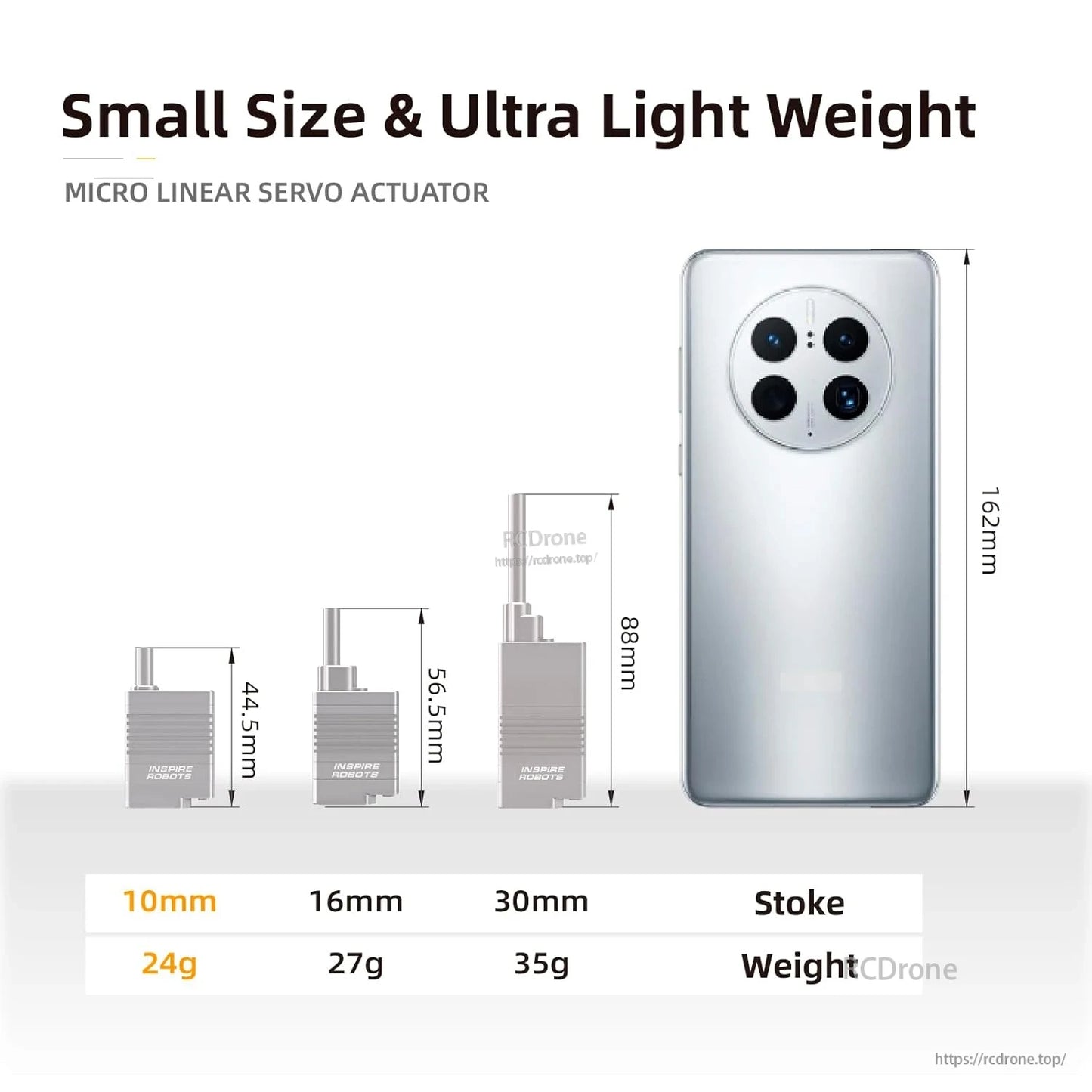Compact, lightweight micro linear servo actuators with strokes of 10mm, 16mm, and 30mm, weighing 24g, 27g, and 35g respectively, offering ±0.02mm precision.