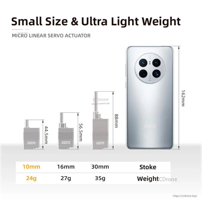Compact, lightweight micro linear servo actuators with strokes of 10mm, 16mm, and 30mm, weighing 24g, 27g, and 35g respectively, offering ±0.02mm precision.