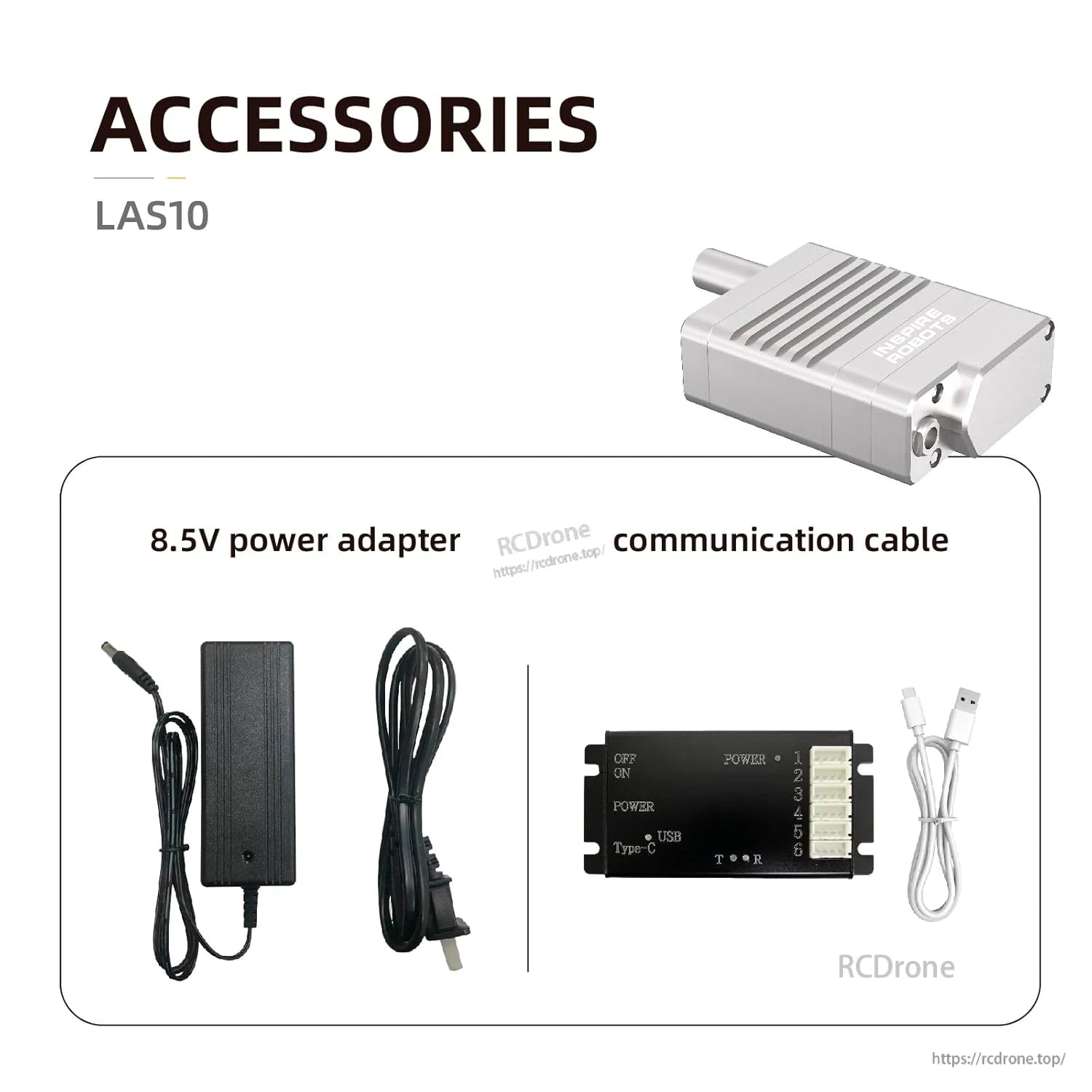 The LAS10 includes an 8.5V power adapter, USB Type-C communication cable, power switch, and six-pin connector for reliable connectivity.
