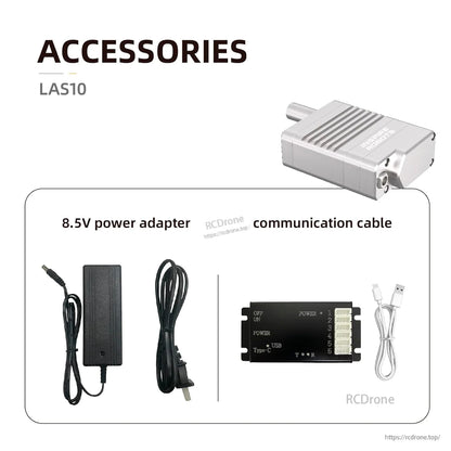 The LAS10 includes an 8.5V power adapter, USB Type-C communication cable, power switch, and six-pin connector for reliable connectivity.