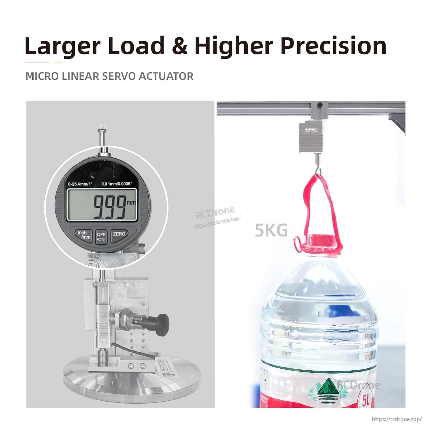 Compact micro linear servo actuator: 10mm stroke, 105N max force, ±0.02mm precision. Digital display shows 9.99mm and 5KG test.