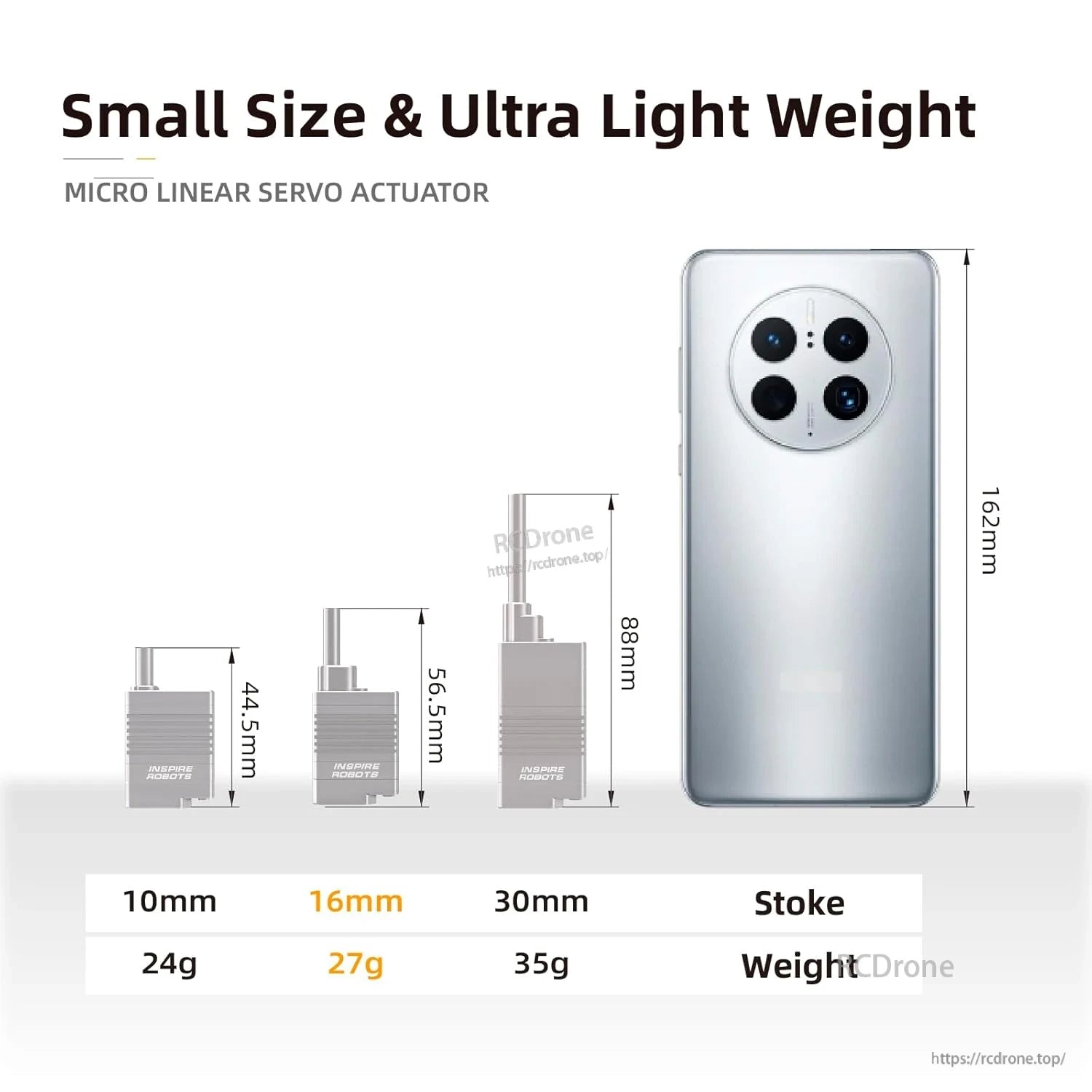 Micro linear servo actuator: 16mm stroke, 27g, 105N force, ±0.03mm precision, compact, lightweight, ideal for small applications.
