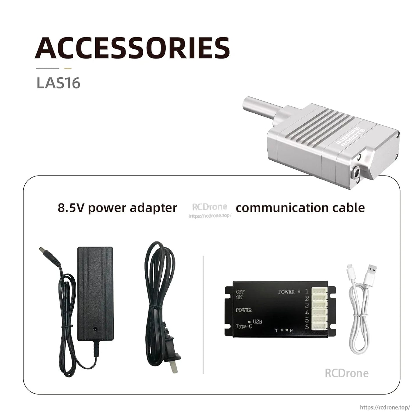 Inspire Robots LAS16 accessories: 8.5V power adapter and USB Type-C communication cable for precise control and power supply.