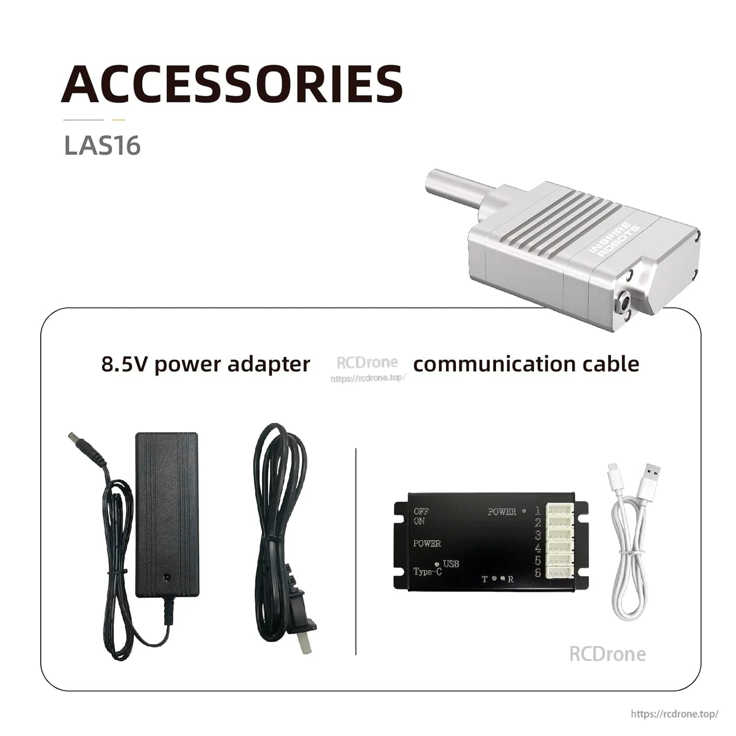 Inspire Robots LAS16 accessories: 8.5V power adapter and USB Type-C communication cable for precise control and power supply.