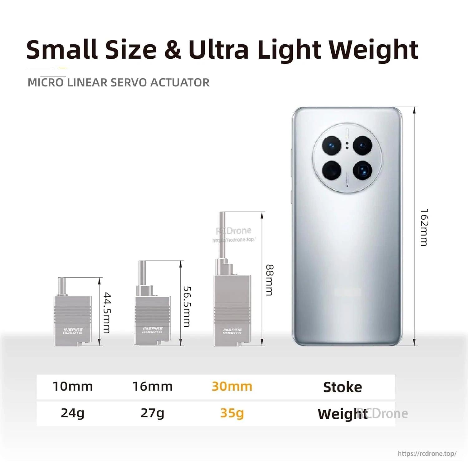 Micro linear servo actuator: 30mm stroke, 80N force, ±0.06mm precision, compact, lightweight (35g), 88mm height, ideal for robotics and automation.