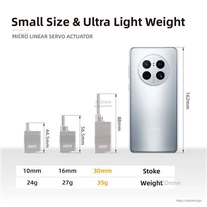 Micro linear servo actuator: 30mm stroke, 80N force, ±0.06mm precision, compact, lightweight (35g), 88mm height, ideal for robotics and automation.