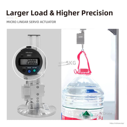 High-precision micro linear servo actuator: 30mm stroke, 80N force, ±0.06mm accuracy, integrated force sensor.