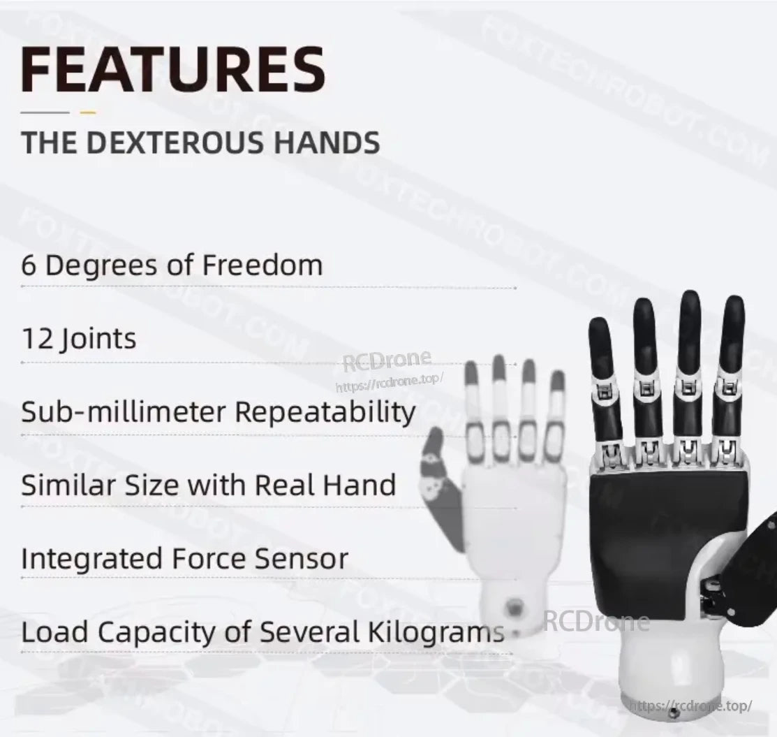 Inspire Robots RH56BFX Dexterous Robot Hand, A highly dexterous robot hand with 6 DOF, 12 joints, sub-millimeter precision, force sensing, and multi-kilogram load capacity.