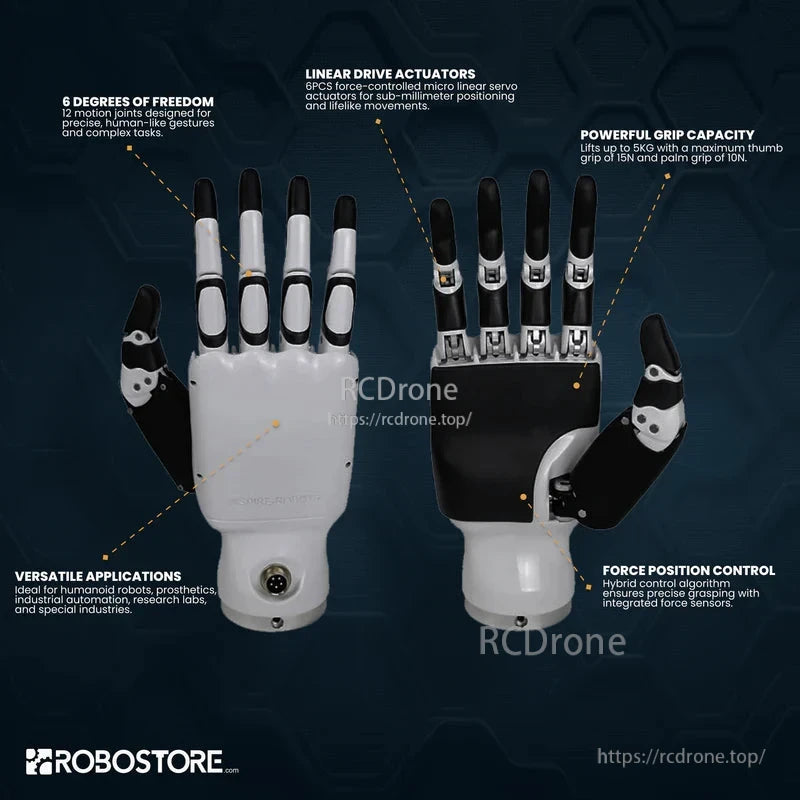 Inspire Robots RH56DFX Dexterous Robot Hand, Dexterous robot hand with 6 DOF, 6 actuators, 5KG grip, force control, used in robotics, prosthetics, automation, and research.
