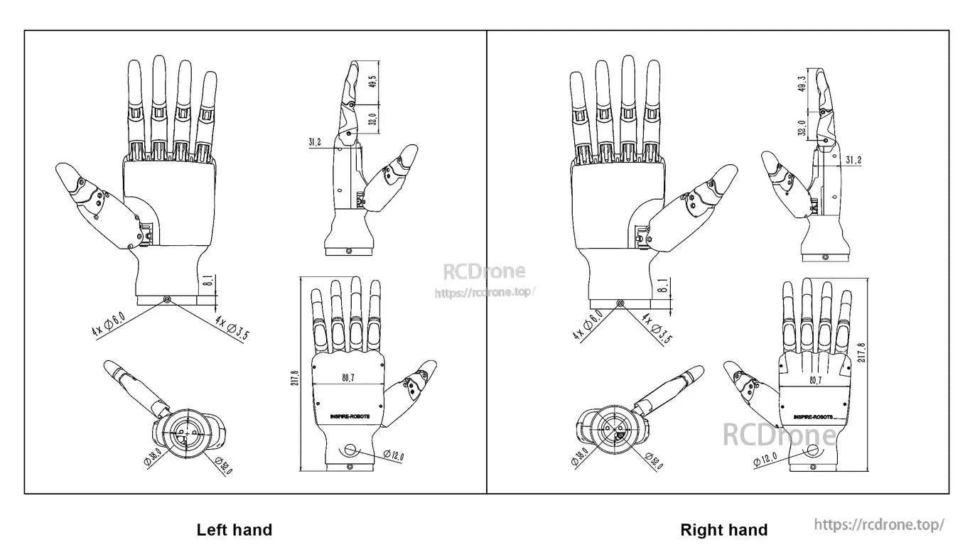 Inspire Robots RH56DFX dexterous robot hand technical drawing with dimensions