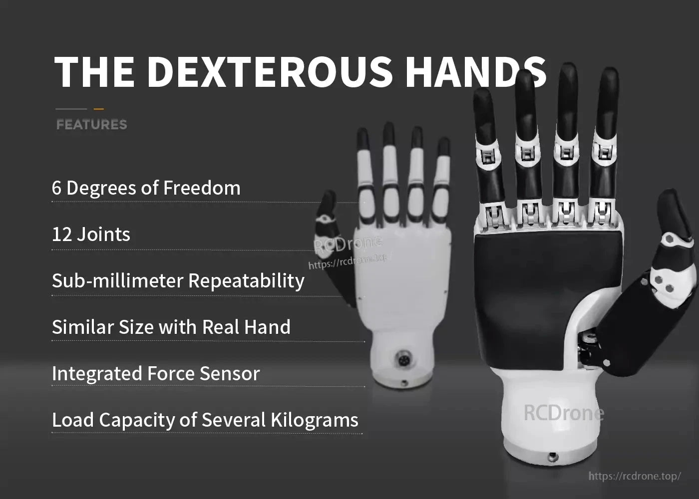 Inspire Robots RH56DFX Dexterous Robot Hand, A highly dexterous robot hand with 6 DOF, 12 joints, sub-millimeter precision, force sensing, and multi-kilogram capacity.