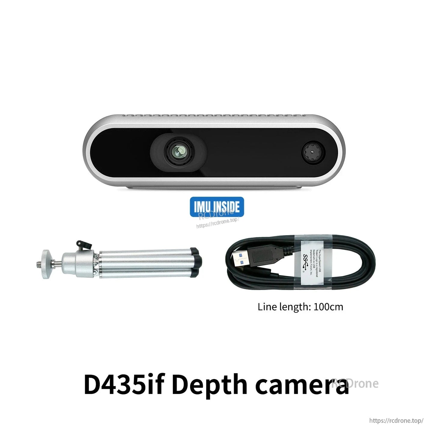 D435if depth camera kit with IMU inside label, includes USB cable (100 cm) and mini tripod mount