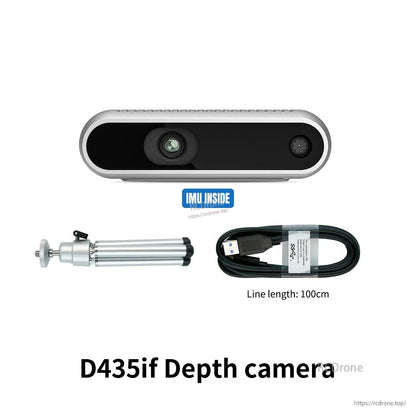 D435if depth camera kit with IMU inside label, includes USB cable (100 cm) and mini tripod mount