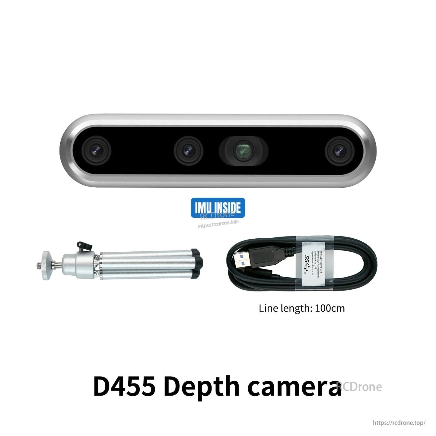 D455 depth camera kit with IMU inside label, includes USB cable (100 cm) and mini tripod mount