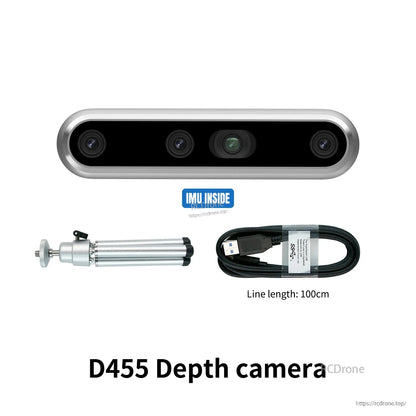 D455 depth camera kit with IMU inside label, includes USB cable (100 cm) and mini tripod mount