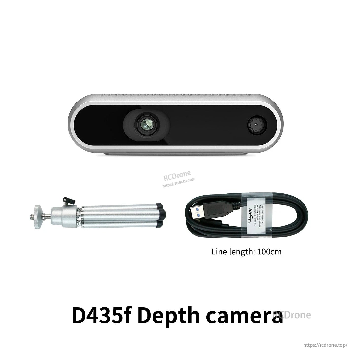 D435f depth camera kit with USB cable (100 cm) and mini tripod mount, front view