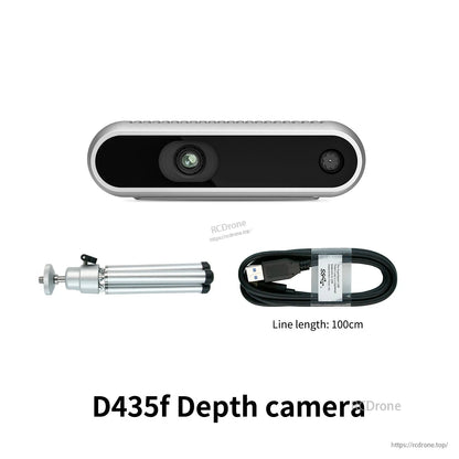 D435f depth camera kit with USB cable (100 cm) and mini tripod mount, front view