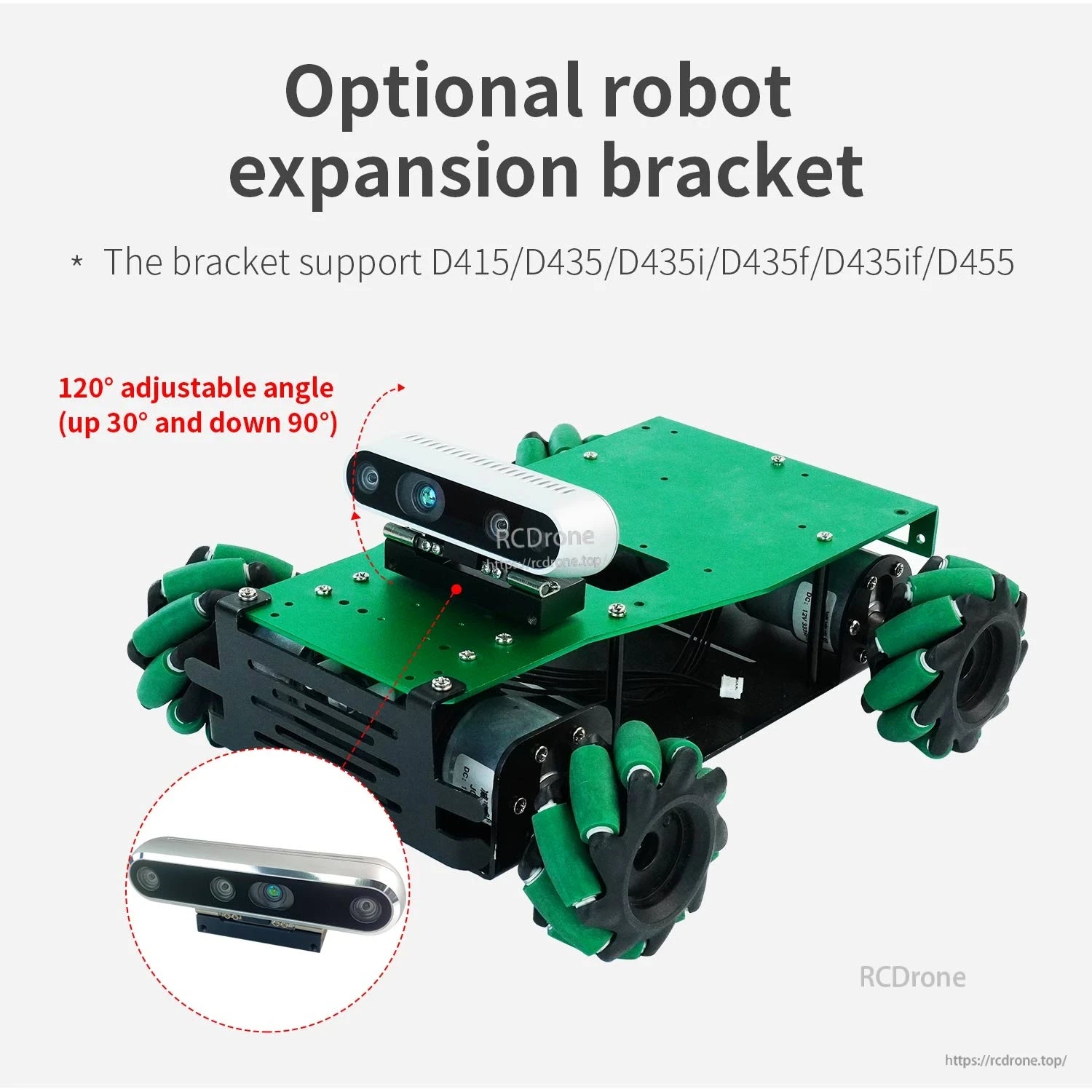 Depth camera mounted on optional robot expansion bracket with adjustable angle diagram