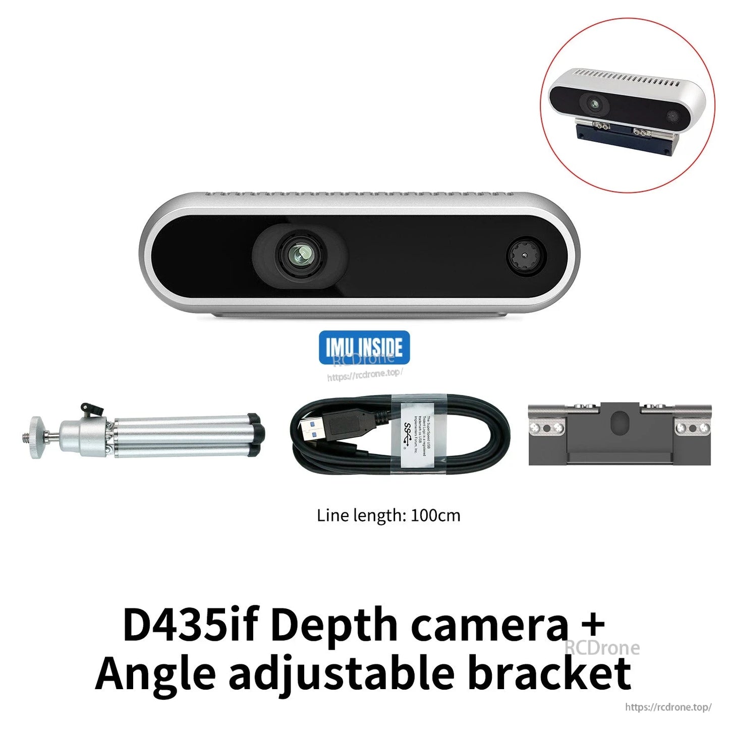 D435if depth camera kit plus angle-adjustable bracket, IMU inside label, USB cable (100 cm)
