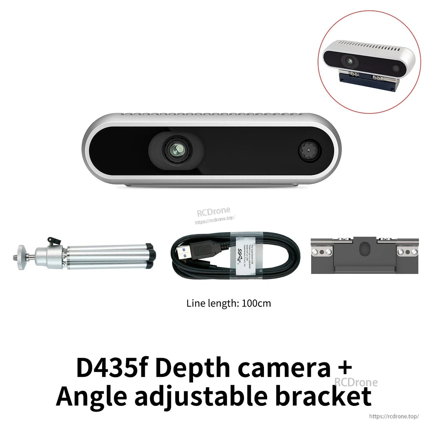 D435f depth camera kit plus angle-adjustable bracket, includes USB cable (100 cm) and mount
