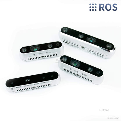 Intel RealSense D400 Series depth cameras shown from multiple angles, grouped with ROS logo