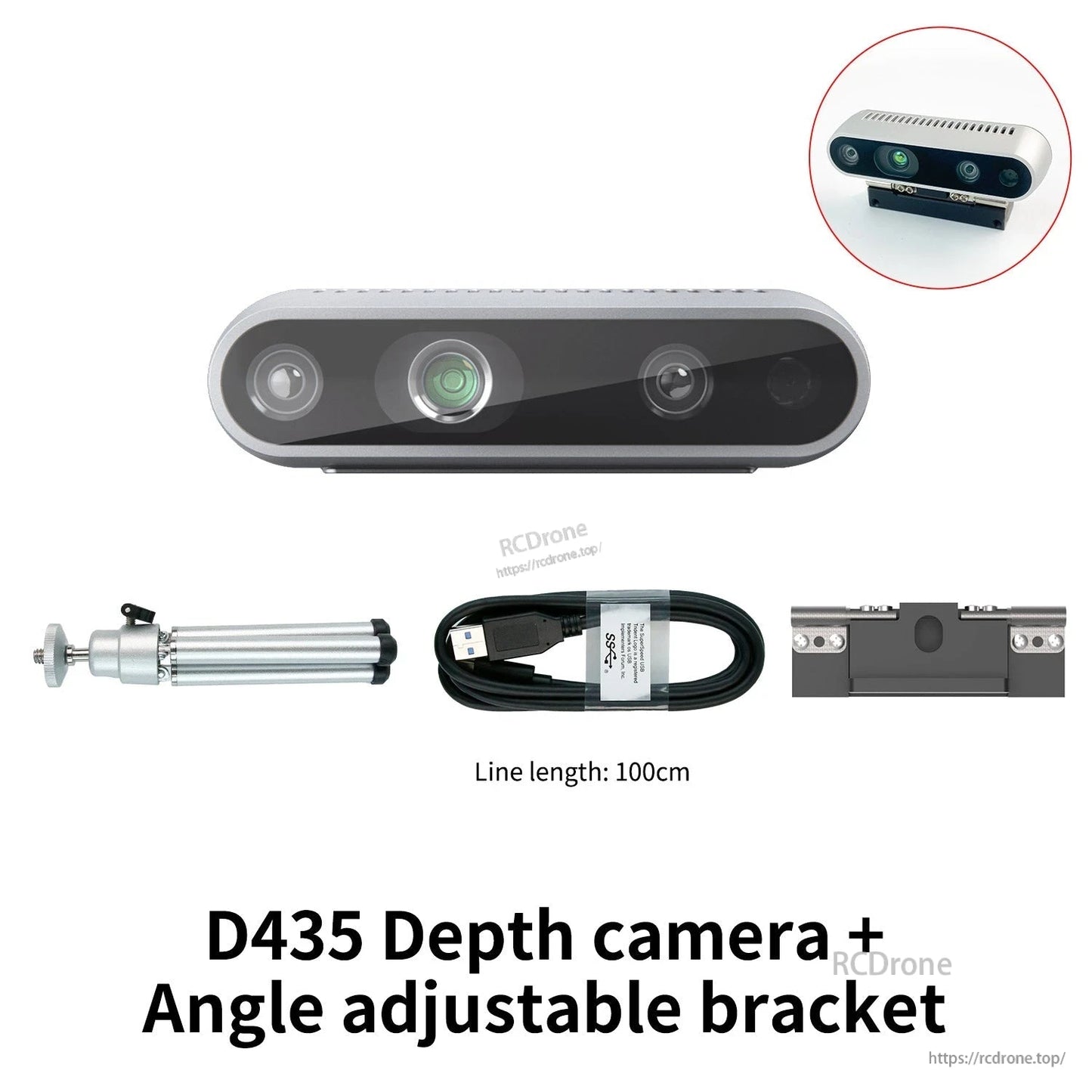 D435 depth camera kit plus angle-adjustable bracket, includes USB cable (100 cm) and mount