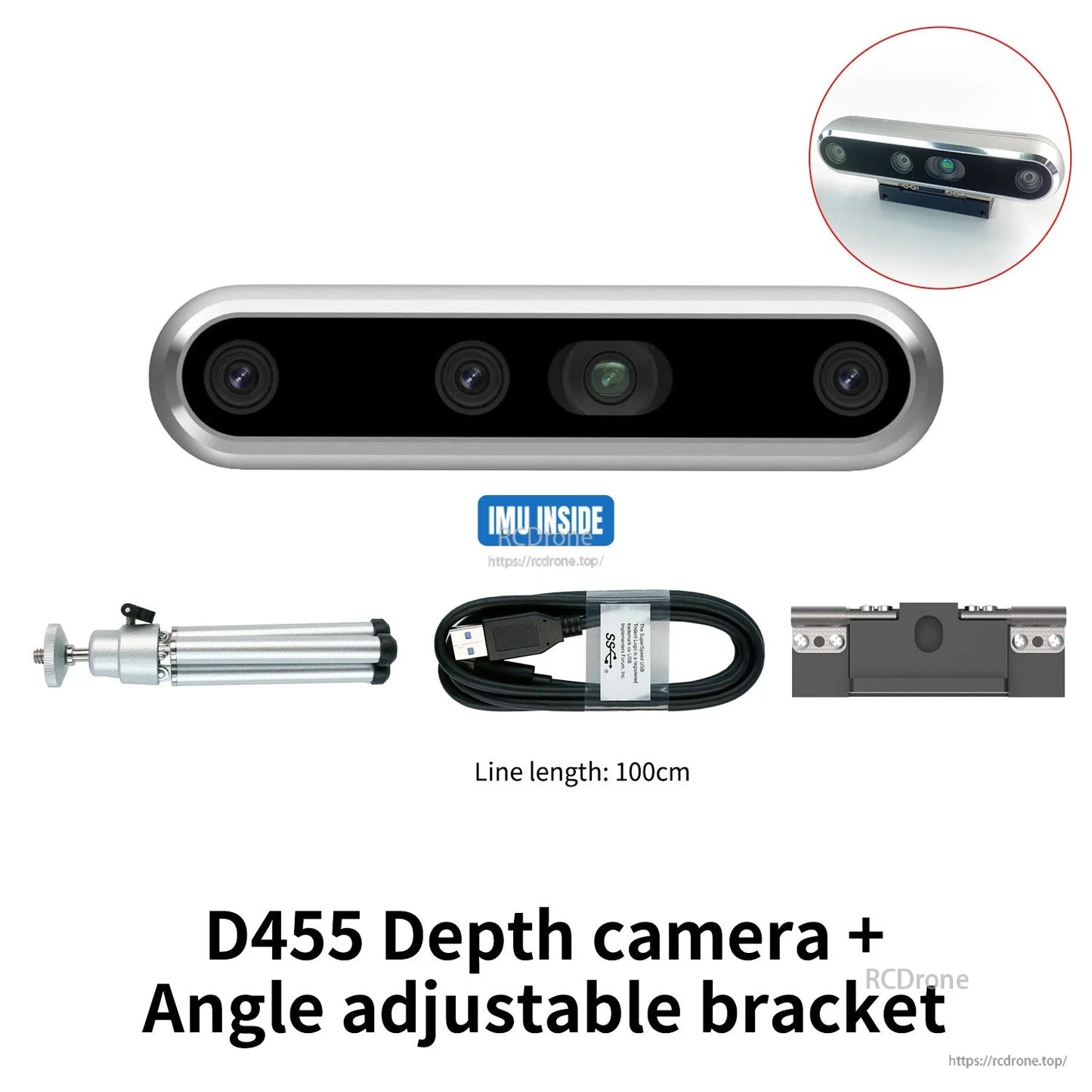 D455 depth camera kit plus angle-adjustable bracket, includes USB cable (100 cm) and mount