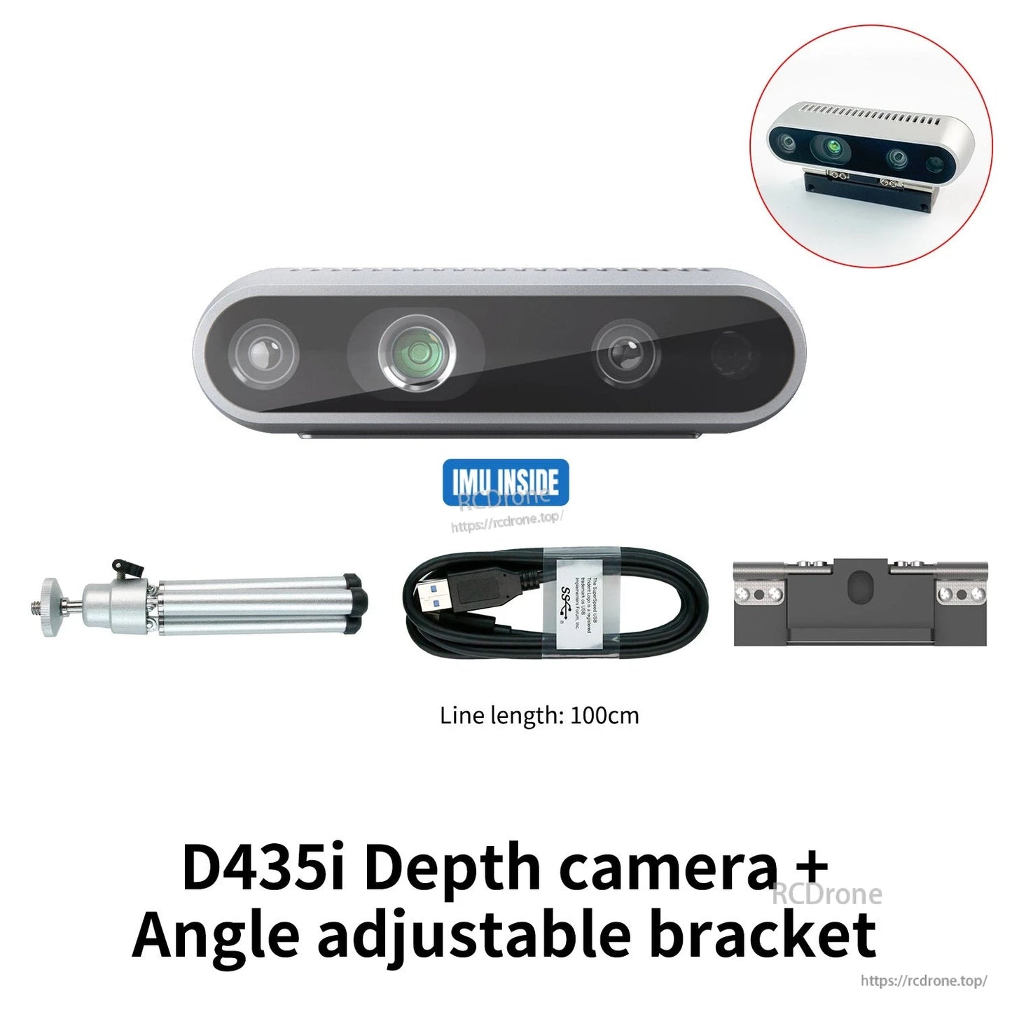 D435i depth camera kit plus angle-adjustable bracket, IMU inside label, USB cable (100 cm)