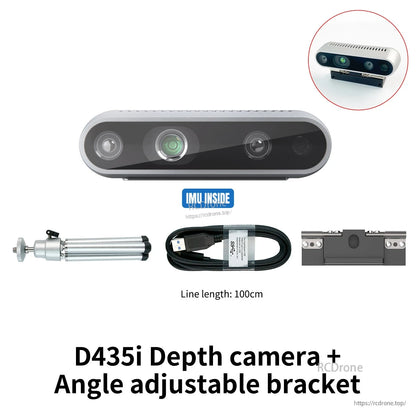 D435i depth camera kit plus angle-adjustable bracket, IMU inside label, USB cable (100 cm)