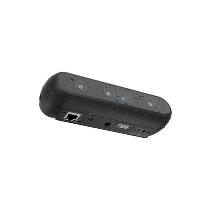 Intel RealSense D555 depth camera underside view showing PoE Ethernet (RJ45) port and mounting base