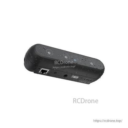 Underside view of RealSense D555 PoE depth camera with RJ45 Ethernet port, shown with RCDrone watermark